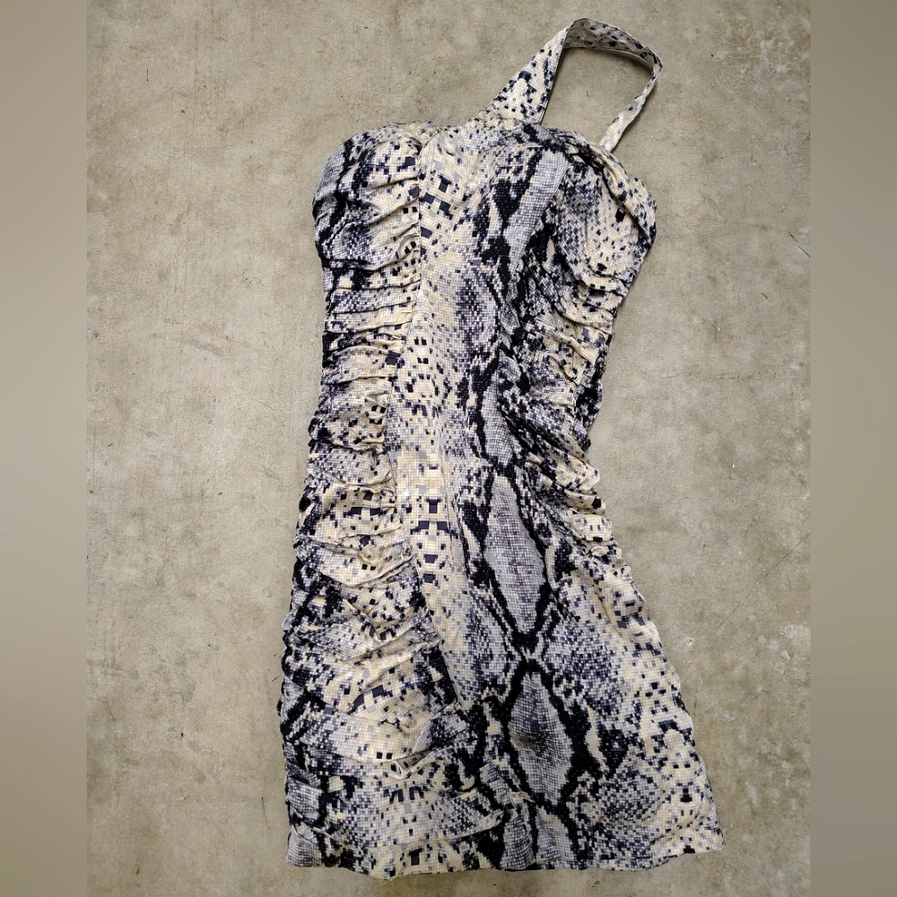 Bebe Python Snake Silk One Shoulder Strap Ruched … - image 1